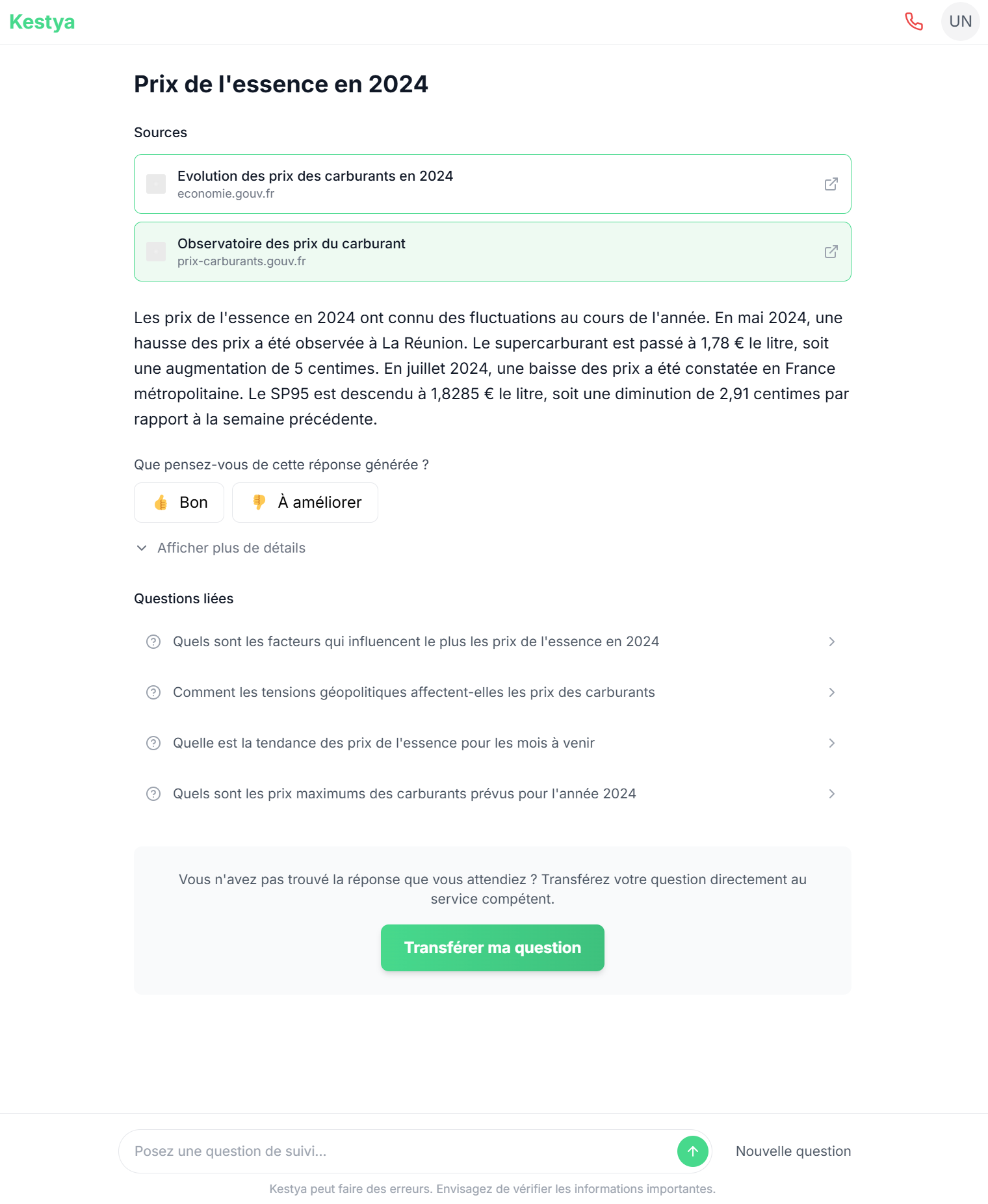 Aperçu de l'interface de recherche Kestya: tableau de bord IA affichant les capacités de recherche intelligente pour les institutions et collectivités.